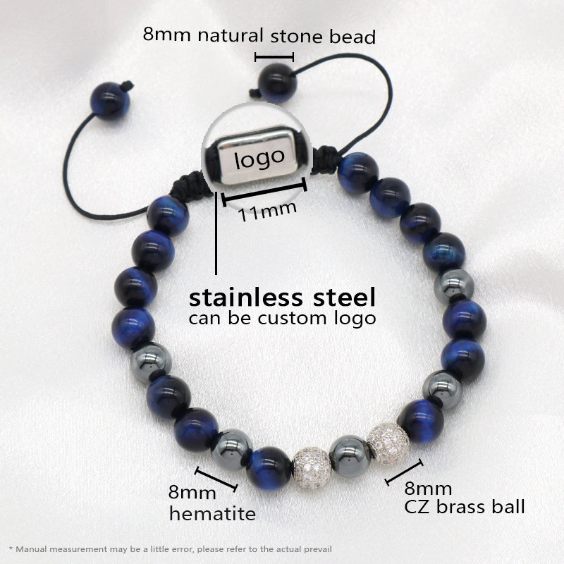 Hand Woven Cord Macrame Jewelry Custom Stainless Steel Logo CZ Beads Braided 8mm Hematite Tiger Eyes Natural Stone Bead Bracelet