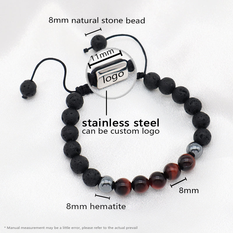 8mm Natural Stone Bead Jewelry Custom Stainless Steel Logo CZ Beads Handmade Macrame Braided Hematite Tiger Eyes Lava Bracelet