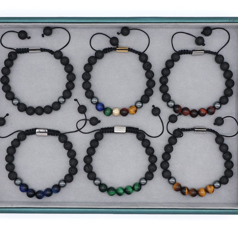 8mm Natural Stone Bead Jewelry Custom Stainless Steel Logo CZ Beads Handmade Macrame Braided Hematite Tiger Eyes Lava Bracelet