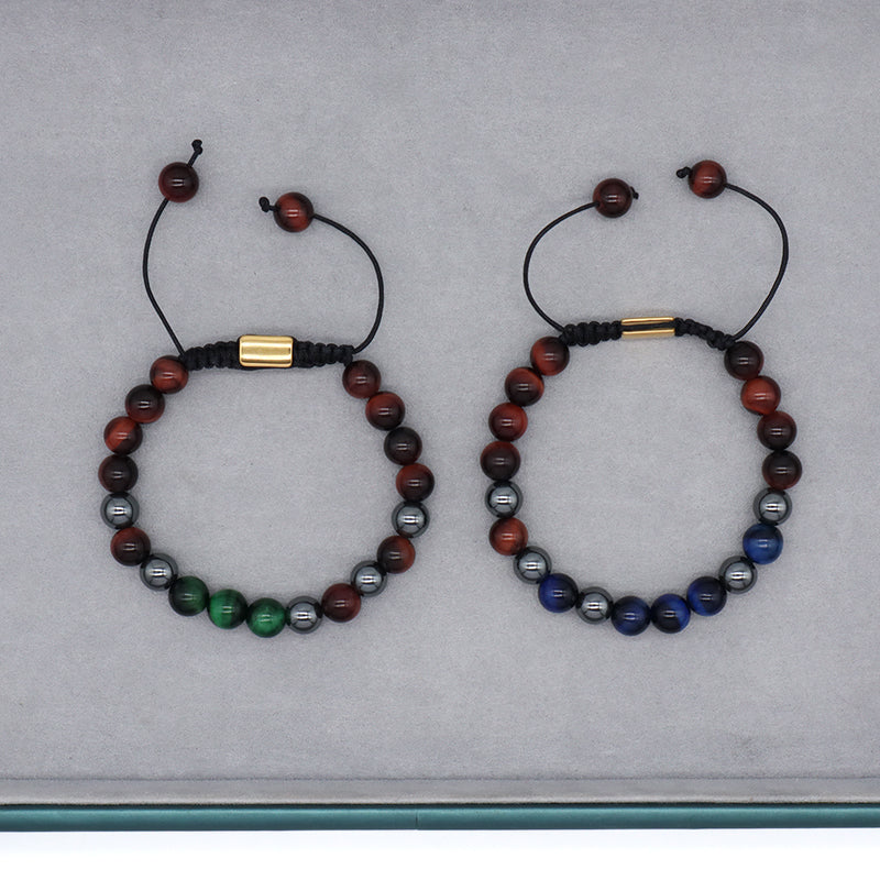 Handmade Woven Macrame CZ Beads Jewelry Custom Stainless Steel Logo 8mm Hematite Natural Stone Bead Blue Tiger Eyes Men Bracelet