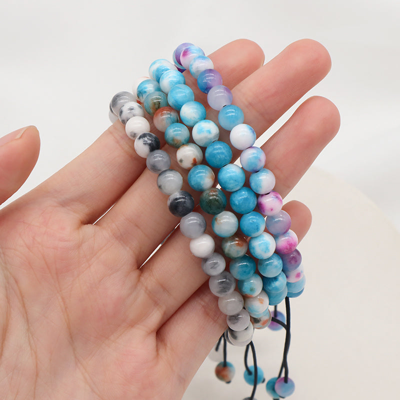 Custom Fashion Friendship Handmade Ajustable Woven Braided Cord Natural 6mm Colorful Jade Beads Macrame Bracelet For Men Women