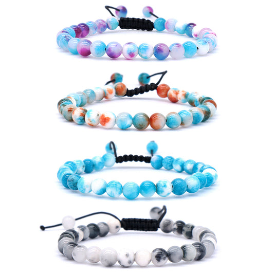 Custom Fashion Friendship Handmade Ajustable Woven Braided Cord Natural 6mm Colorful Jade Beads Macrame Bracelet For Men Women