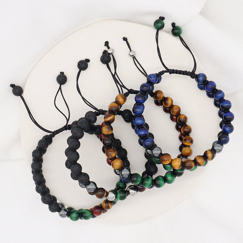 New Design Custom Mix Color Ajustable 8mm Tiger Eye Black Lave Beads Natural Stone Handmade Woven Men Jewelry Macrame Bracelet