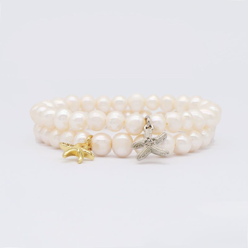 Custom Fashion Wholesale Factory Jewelry Handmade elastic CZ Sea Star Charm 7mm Natural Fresh Water Pearl Bracelet For Women