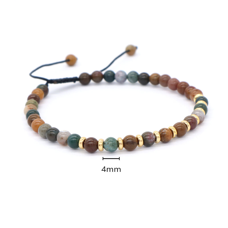 Adjustable Handmade OEM Woven Macrame Gold Plated Brass Charm 4mm Natural Stone Snowflake India Agate Tiger Eyes Beads Bracelet