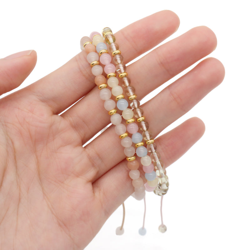 4mm Natural Stone Gold Plated Beads Adjustable Women Handmade OEM Woven Macrame Morgan Pink Aventurine Clear Quartz Bracelet