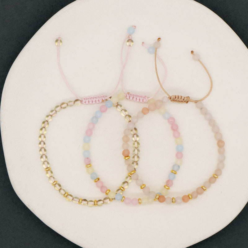 4mm Natural Stone Gold Plated Beads Adjustable Women Handmade OEM Woven Macrame Morgan Pink Aventurine Clear Quartz Bracelet
