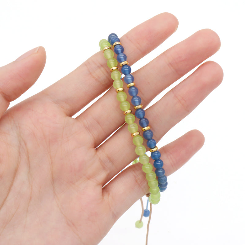 Custom OEM Adjustable Gold Plated Brass Charm Handmade Woven Macrame 4mm Colorful Jade Blue Agate Natural Stone Beads Bracelet