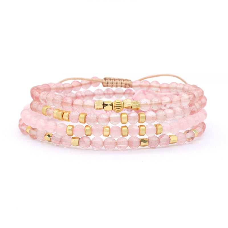 OEM Custom Gold Plated Beads Handmade Ajustable Woven Macrame Bohemian Healing Energy 4mm Natural Stone Pink Quartz Bracelet