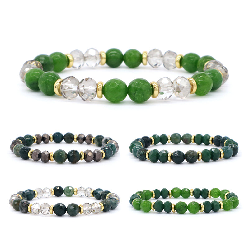 8mm Energy Healing Glass Crystal Custom OEM Handmade Beads Jewelry Natural Stone Stretch Faceted Green Jade Moss Agate Bracelet