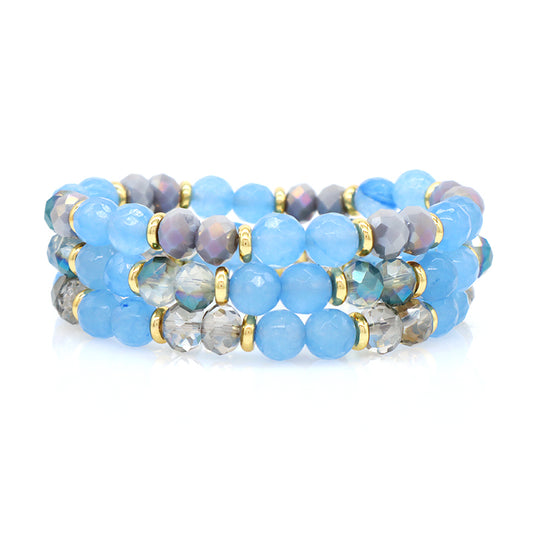 Custom OEM Women Handmade Jewelry Gold Plated Beads 8mm Energy Glass Crystal Stretch Faceted Blue Jade Natural Stone Bracelet