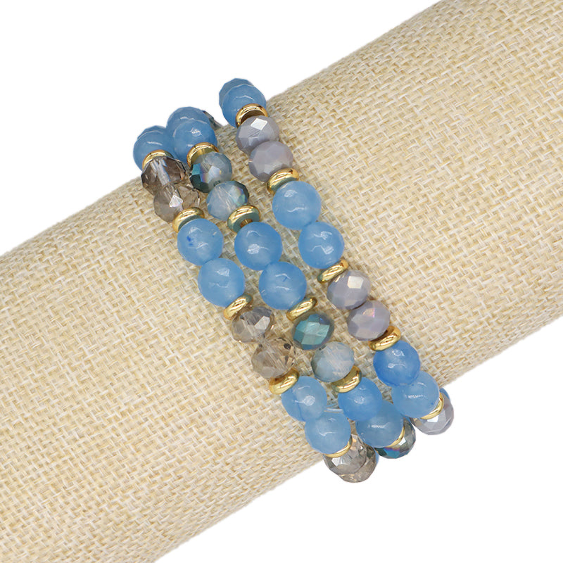 Custom OEM Women Handmade Jewelry Gold Plated Beads 8mm Energy Glass Crystal Stretch Faceted Blue Jade Natural Stone Bracelet