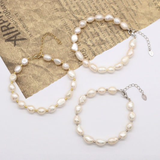 Wholesale Custom Women Rhodium Gold Plated 925 Sterling Silver Beads Ajustable Handmade Pure Freshwater Baroque Pearl Bracelet