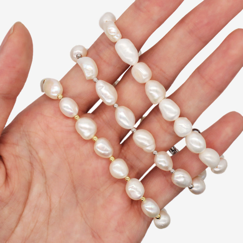 Wholesale Custom Women Rhodium Gold Plated 925 Sterling Silver Beads Ajustable Handmade Pure Freshwater Baroque Pearl Bracelet