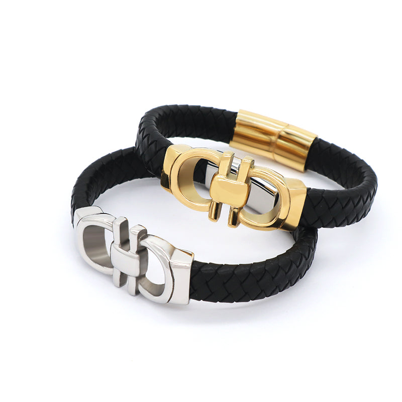 New Fashion Wholesale Manufacture Factory Jewelry Gold Plated Stainless Steel Buckle Charm Leather Rope Men Bangle Bracelet