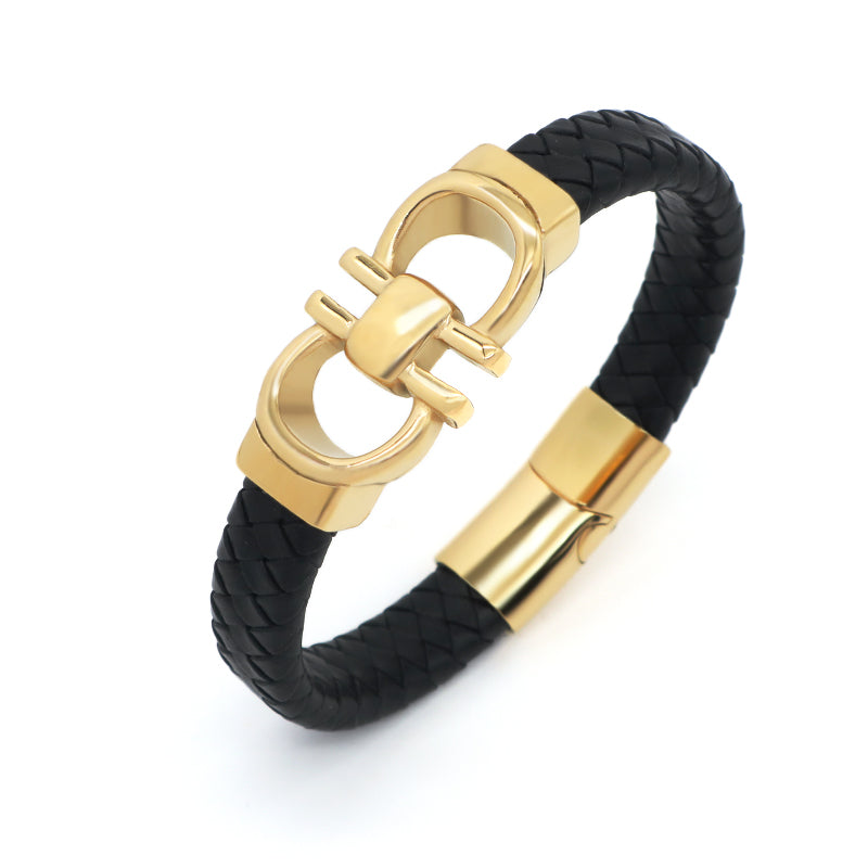 New Fashion Wholesale Manufacture Factory Jewelry Gold Plated Stainless Steel Buckle Charm Leather Rope Men Bangle Bracelet