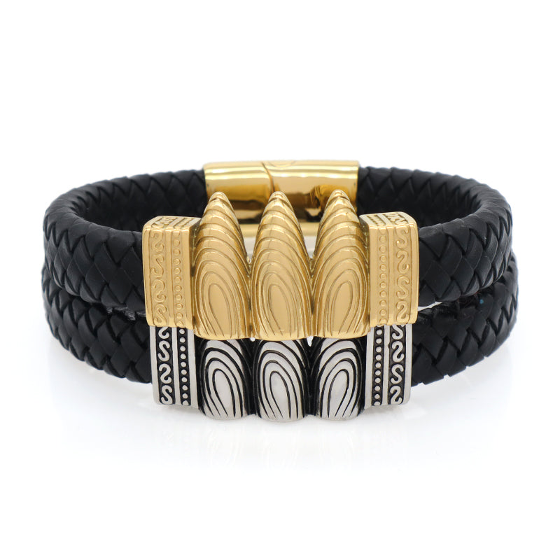 New Bulk Sale Custom Trendy Braided Black Leather Bangle Jewelry Gold Plated Stainless Steel Buckle Charm Men Leather Bracelets