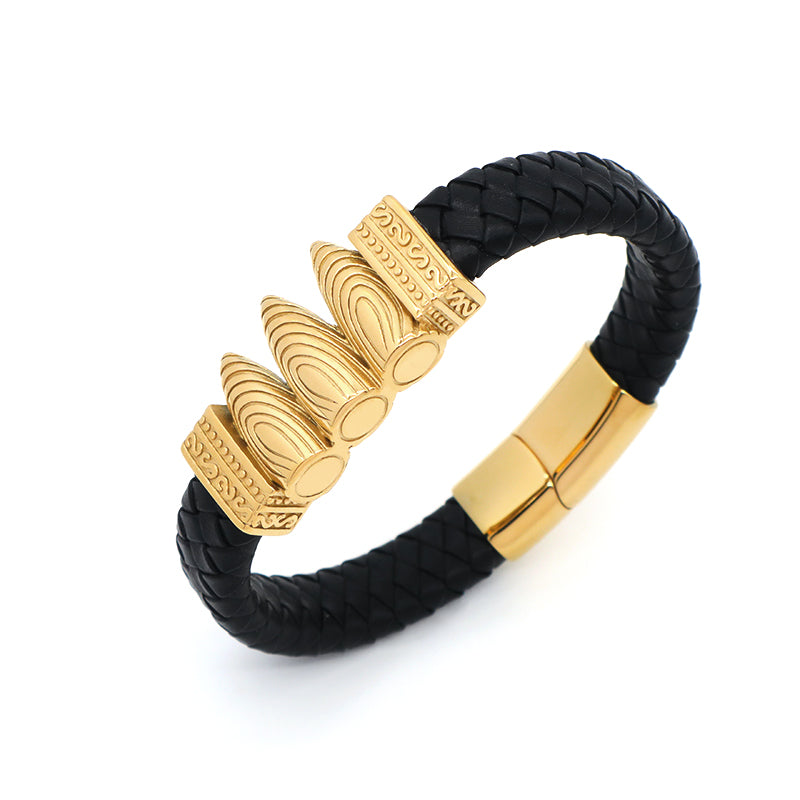 New Bulk Sale Custom Trendy Braided Black Leather Bangle Jewelry Gold Plated Stainless Steel Buckle Charm Men Leather Bracelets