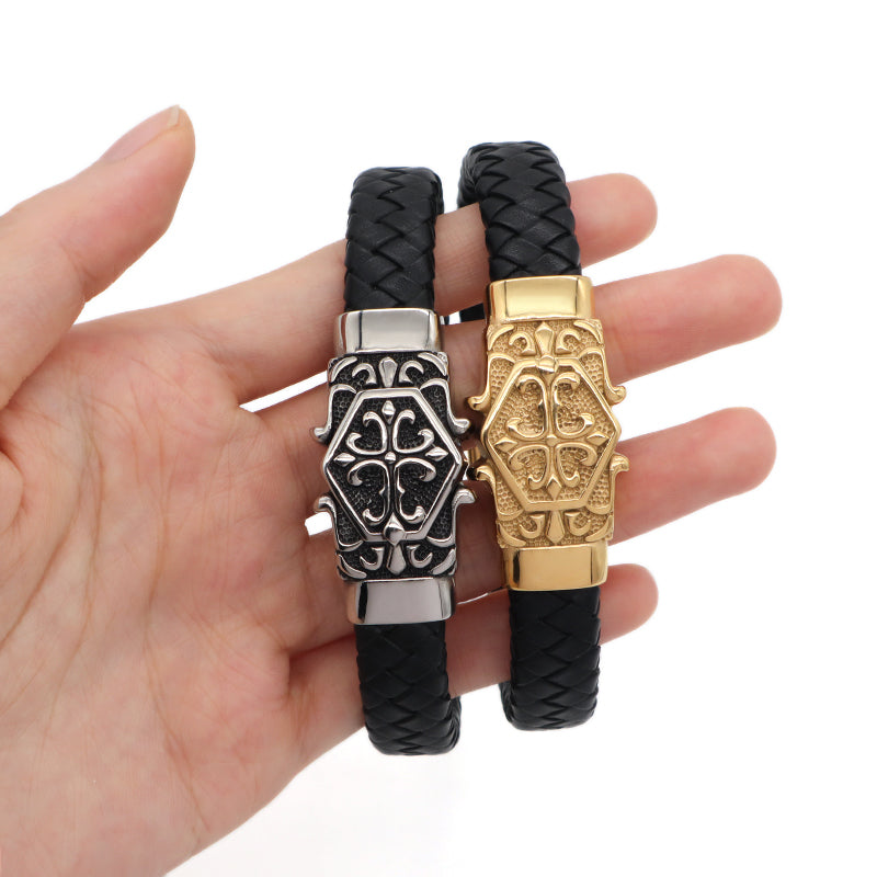 Wholesale New Fashion Custom Black Braided Leather Bracelet Jewelry Gold Plated Stainless Steel Buckle Charm Men Leather Bangle