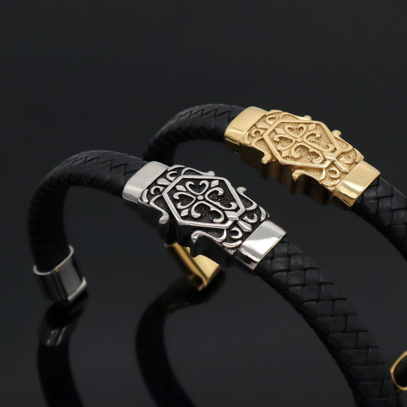 Wholesale New Fashion Custom Black Braided Leather Bracelet Jewelry Gold Plated Stainless Steel Buckle Charm Men Leather Bangle