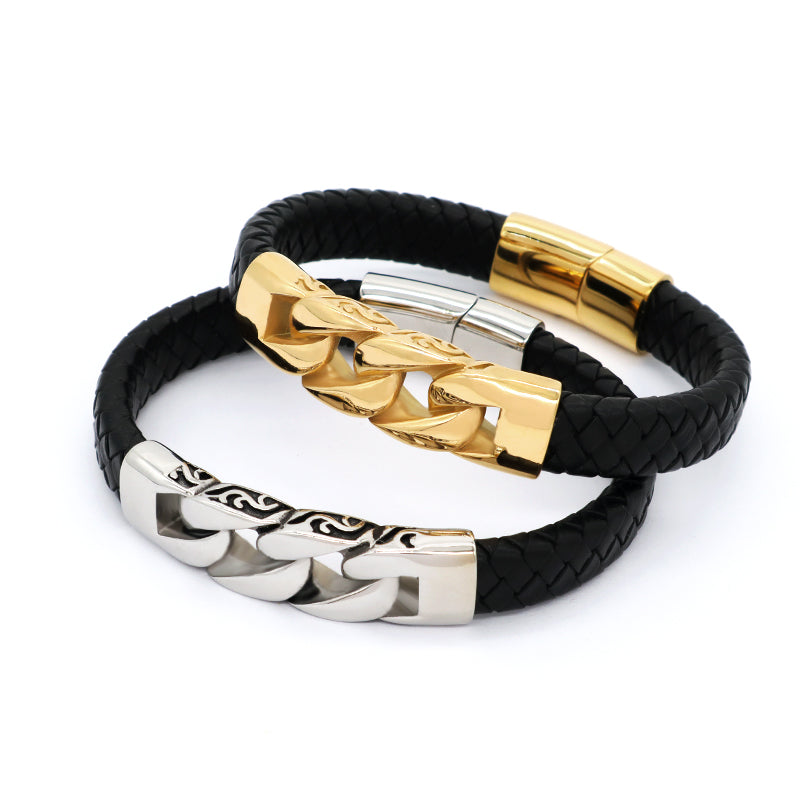 New Arrival Wholesale Customized Gold Plated Stainless Steel Charm Buckle Bangle Jewelry Black Braided Leather Men Bracelets