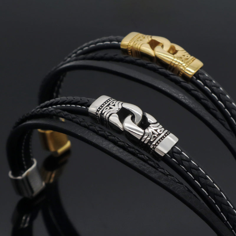 Custom MultiLayer Leather Gold Plated Stainless Steel Buckle Charm Bangle Jewelry Black Braided Leather Rope Bracelet For Men