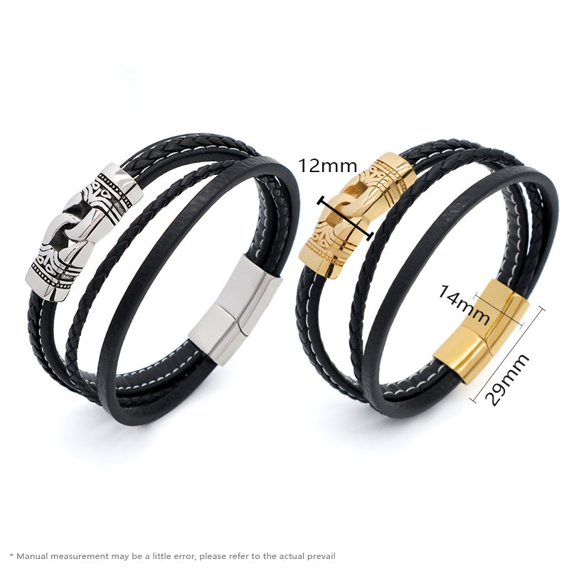 Custom MultiLayer Leather Gold Plated Stainless Steel Buckle Charm Bangle Jewelry Black Braided Leather Rope Bracelet For Men