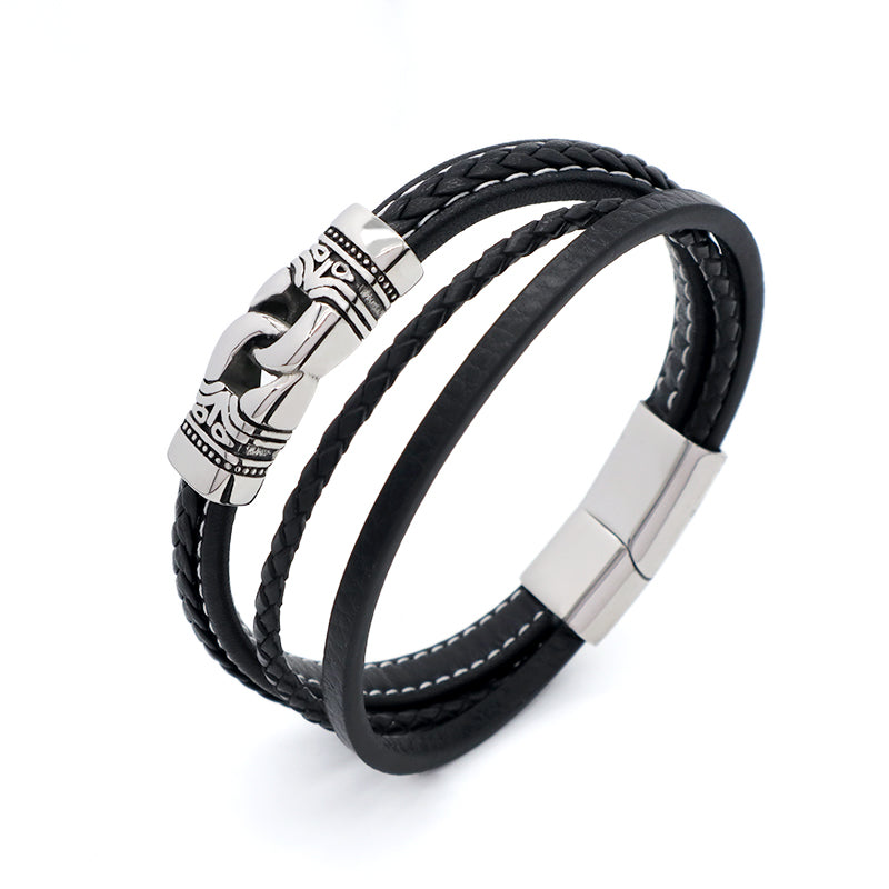 Custom MultiLayer Leather Gold Plated Stainless Steel Buckle Charm Bangle Jewelry Black Braided Leather Rope Bracelet For Men
