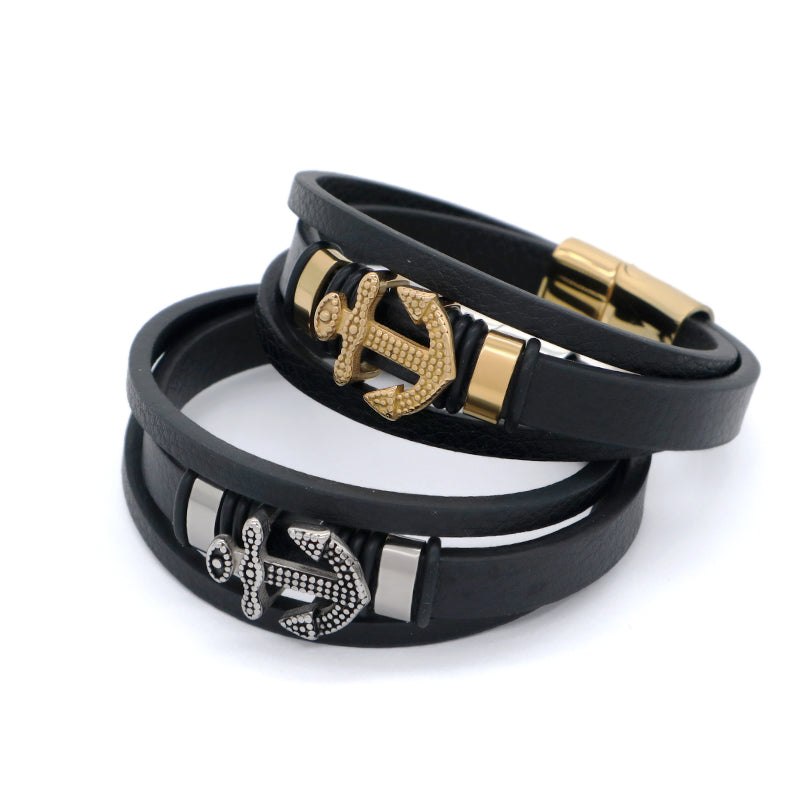Newest Custom MultiLayer Gold Plated Stainless Steel Clasp Anchor Charm Leather Wrap Bangle Jewelry Men Black Leather Bracelet