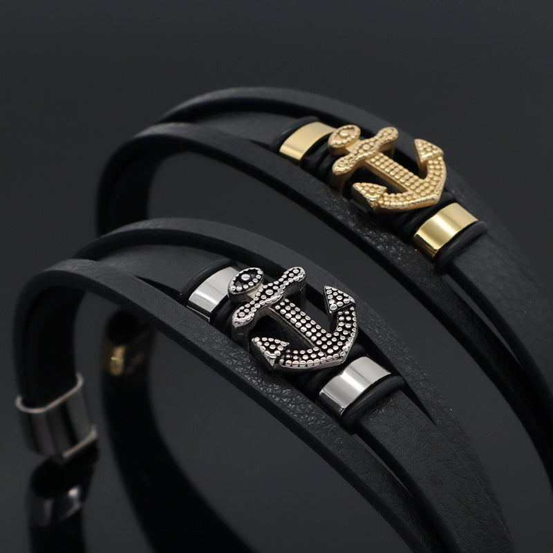 Newest Custom MultiLayer Gold Plated Stainless Steel Clasp Anchor Charm Leather Wrap Bangle Jewelry Men Black Leather Bracelet
