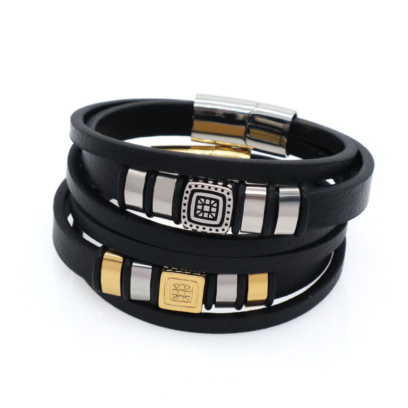 Wholesale Customized Factory Gold Plated Stainless Steel Clasp MultiLayer Leather Wrap Jewelry Men Black Leather Bracelet Bangle