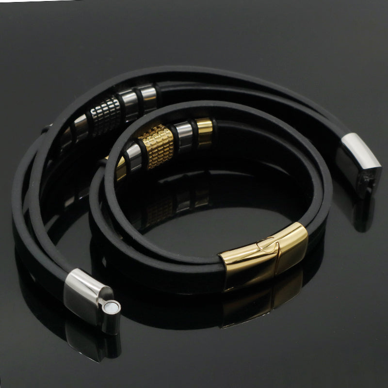 Wholesale Customized Factory Gold Plated Stainless Steel Clasp MultiLayer Leather Wrap Jewelry Men Black Leather Bracelet Bangle