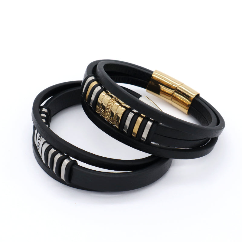 Factory Wholesale Custom MultiLayer Leather Wrap Bangle Jewelry Gold Plated Stainless Steel Buckle Black Leather Bracelet Men