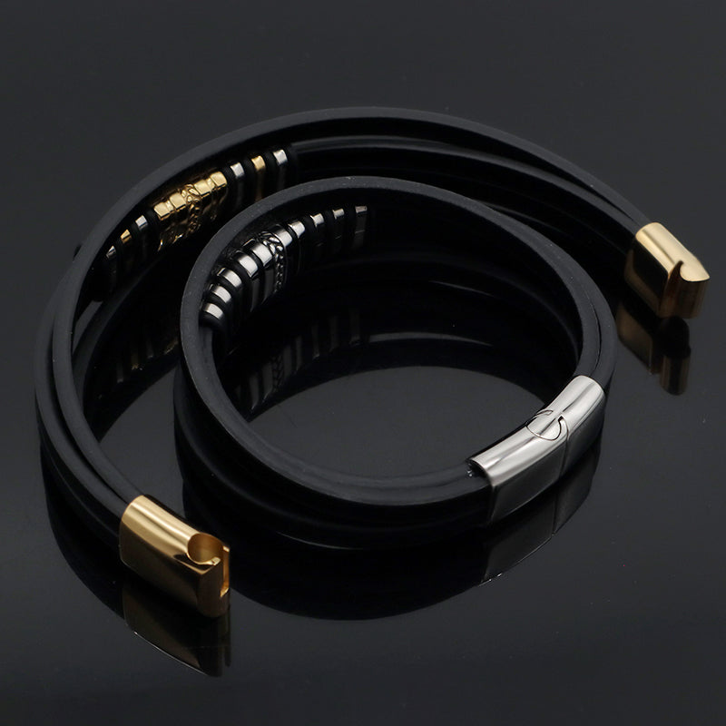 Factory Wholesale Custom MultiLayer Leather Wrap Bangle Jewelry Gold Plated Stainless Steel Buckle Black Leather Bracelet Men