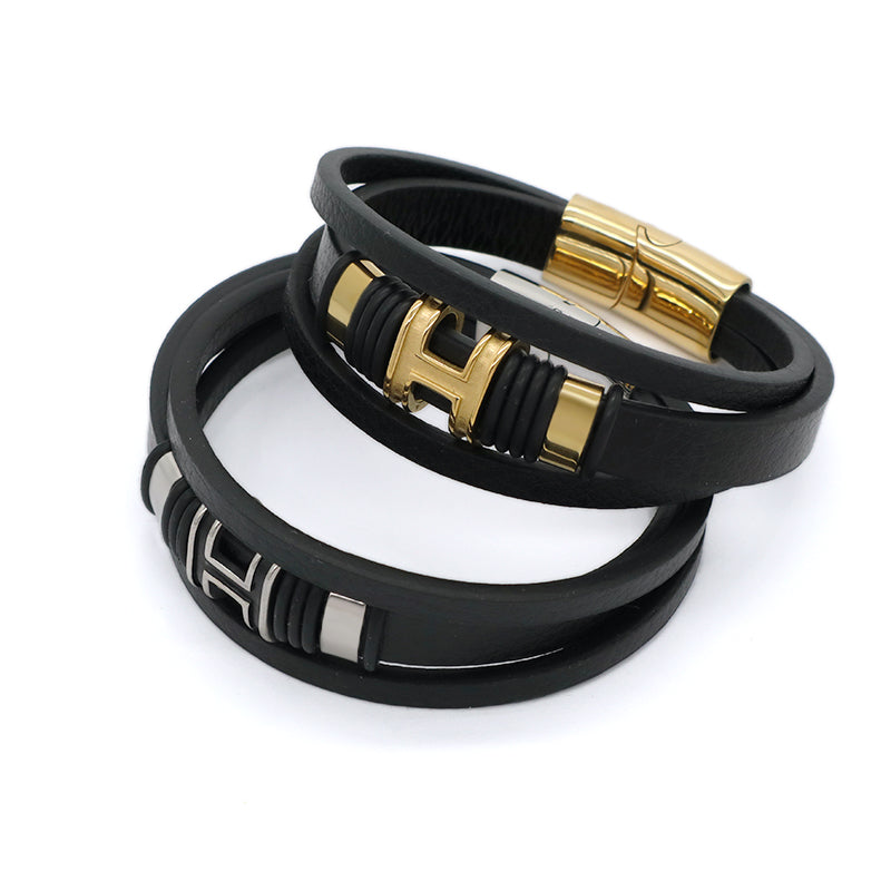 Newest Custom China Factory MultiLayer Leather Bangle Gold Plated Stainless Steel Clasp Charm Black Leather Bracelet For Men