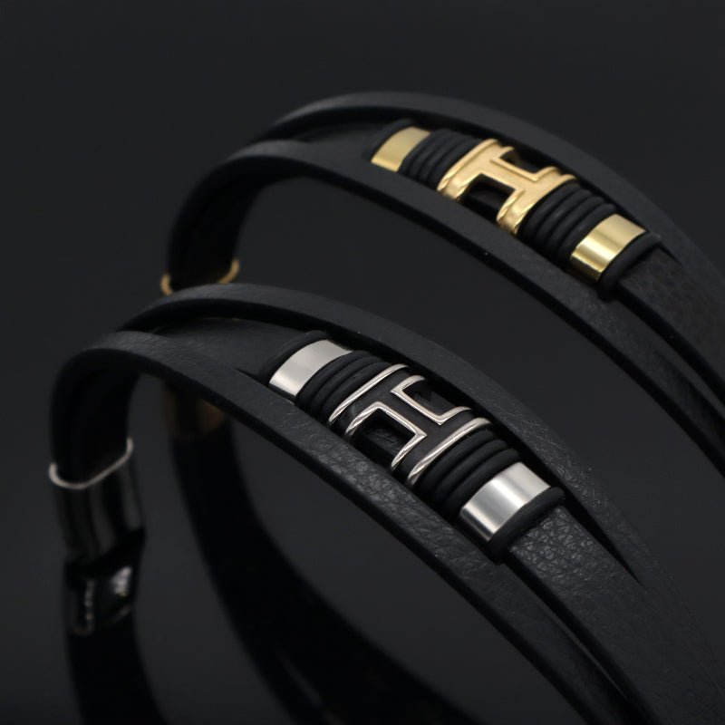 Newest Custom China Factory MultiLayer Leather Bangle Gold Plated Stainless Steel Clasp Charm Black Leather Bracelet For Men