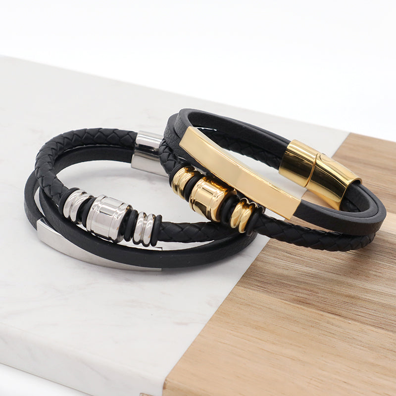 MultiLayer Leather Cord Hand Woven Bangle Factory Wholesale Custom Gold Plated Stainless Steel Buckle Black Men Leather Bracelet