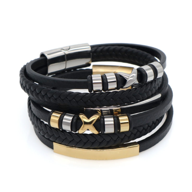 Handmade Woven Custom MultiLayer Black Leather Bangle Gold Plated Stainless Steel Clasp Cross Charm Braided Leather Men Bracelet