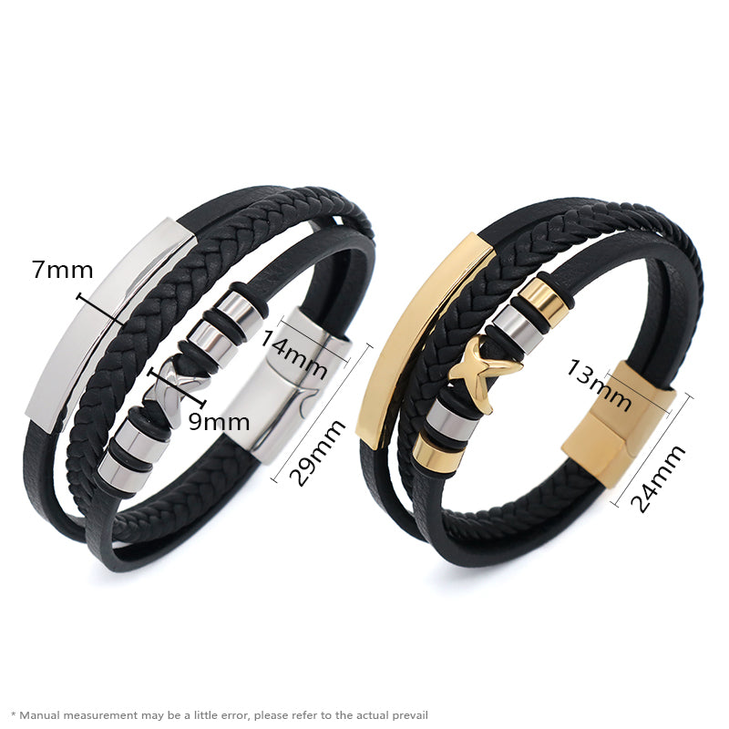 Handmade Woven Custom MultiLayer Black Leather Bangle Gold Plated Stainless Steel Clasp Cross Charm Braided Leather Men Bracelet