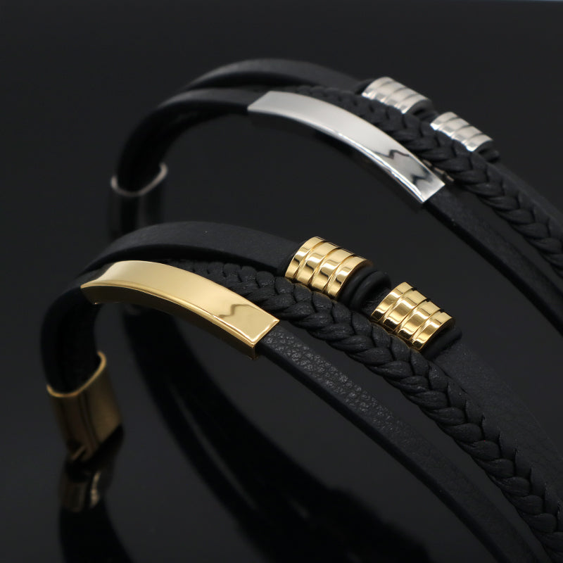 Black MultiLayer Leather Cord Handmade Bangle Wholesale Custom Gold Plated Stainless Steel Buckle Woven Leather Bracelet Men