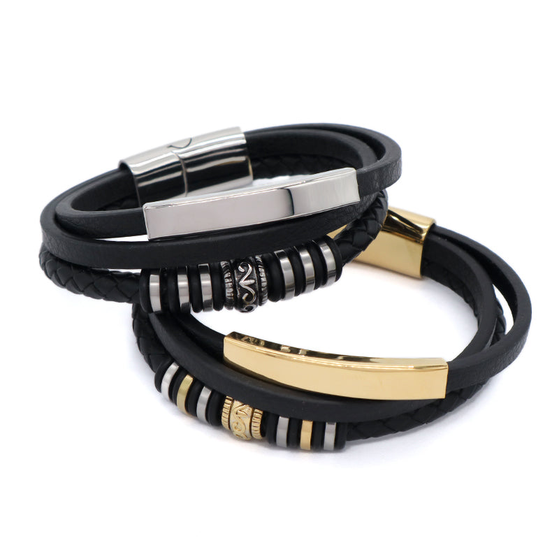 MultiLayer Custom Handmade Woven Black Gold Plated Stainless Steel Clasp Charm Braided Engraving Leather Bangle Bracelet For Men