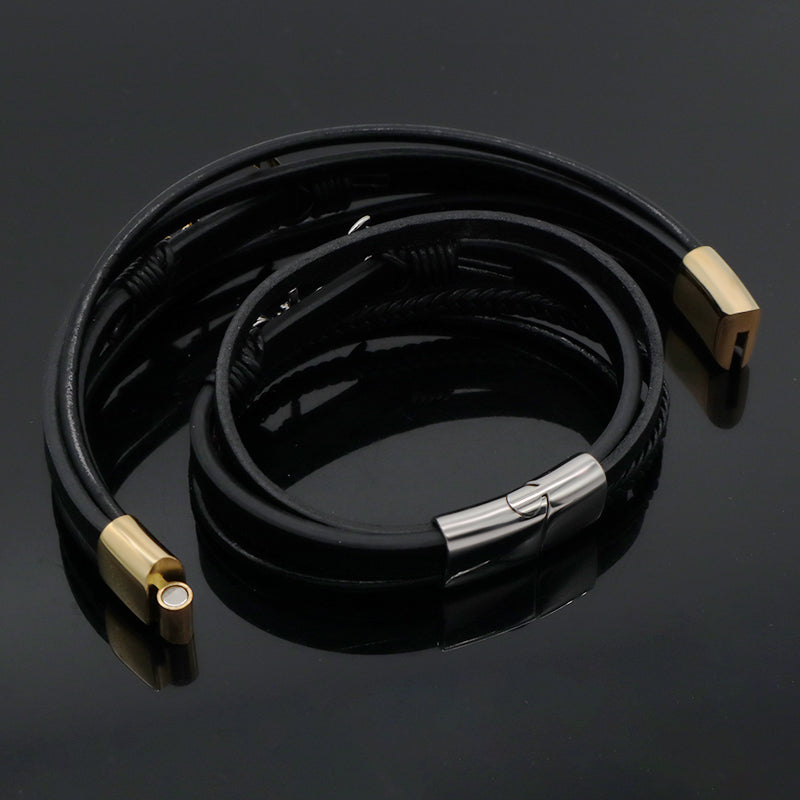 Handmade Black Leather Cord MultiLayer Custom Gold Plated Stainless Steel Buckle Anchor Charm Woven Leather Bracelet For Men