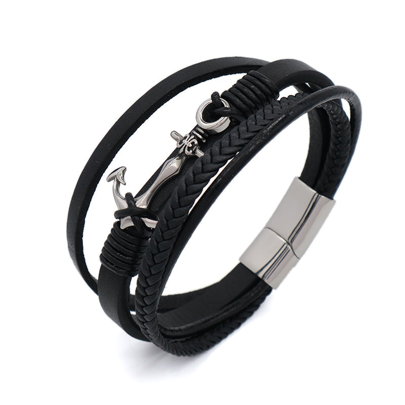 Handmade Black Leather Cord MultiLayer Custom Gold Plated Stainless Steel Buckle Anchor Charm Woven Leather Bracelet For Men