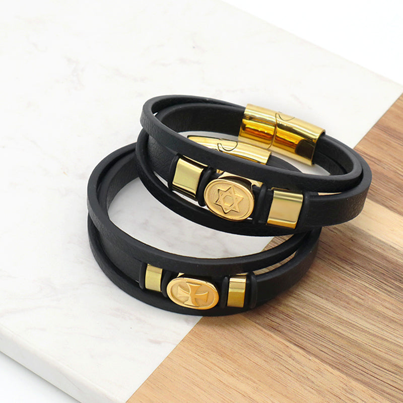 China Factory Leather Bangle Custom MultiLayer Black Gold Plated Stainless Steel Clasp Cross Star Charm Men Leather Bracelet