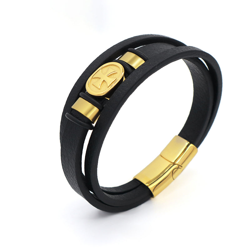 China Factory Leather Bangle Custom MultiLayer Black Gold Plated Stainless Steel Clasp Cross Star Charm Men Leather Bracelet