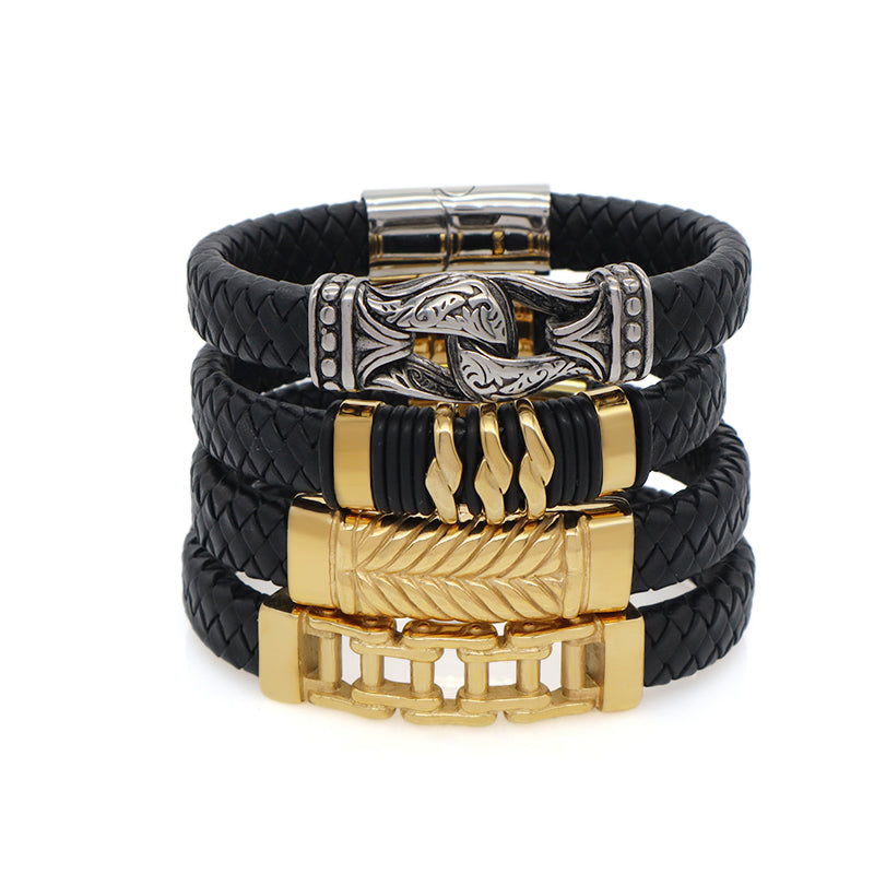 Wholesale Gold Plated Stainless Steel Buckle Custom Black MultiLayer Men Leather Braided Cord Bangle Hand Woven Leather Bracelet