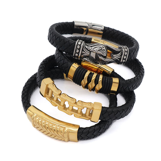 Wholesale Gold Plated Stainless Steel Buckle Custom Black MultiLayer Men Leather Braided Cord Bangle Hand Woven Leather Bracelet