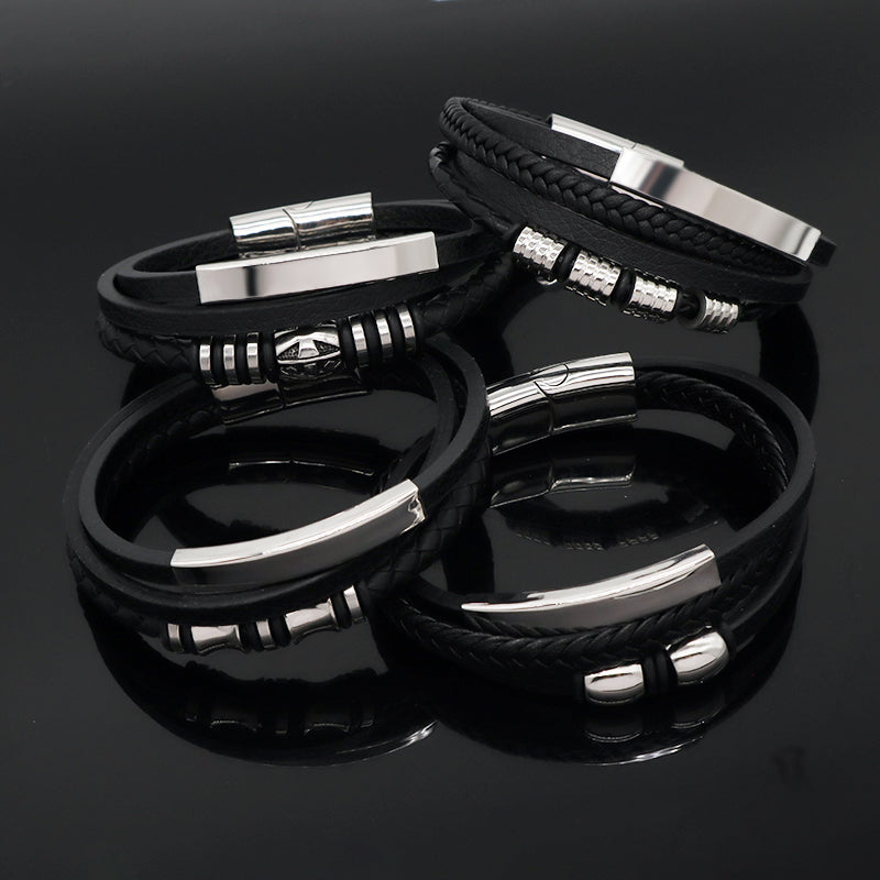 Custom Hand Woven Black Leather Bangle MultiLayer No Tarnish Stainless Steel Clasp Cross Charm Men Braided Cord Leather Bracelet