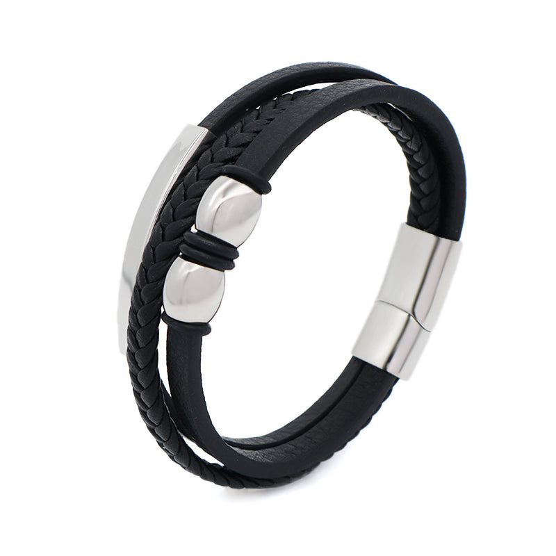 Custom Hand Woven Black Leather Bangle MultiLayer No Tarnish Stainless Steel Clasp Cross Charm Men Braided Cord Leather Bracelet