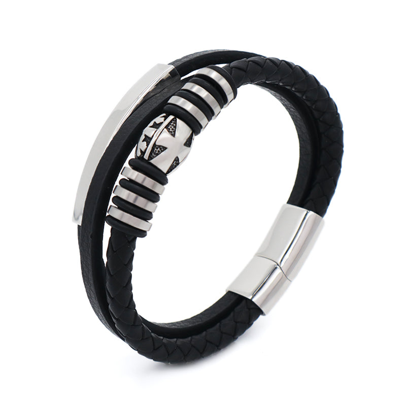 Custom Hand Woven Black Leather Bangle MultiLayer No Tarnish Stainless Steel Clasp Cross Charm Men Braided Cord Leather Bracelet